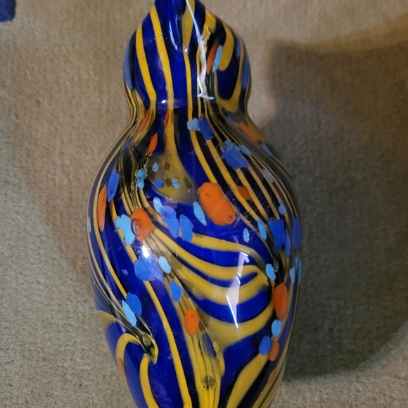 Murano Style Art Glass Vase Blue Yellow Multi Heavy 7 in. - Picture 4 of 8